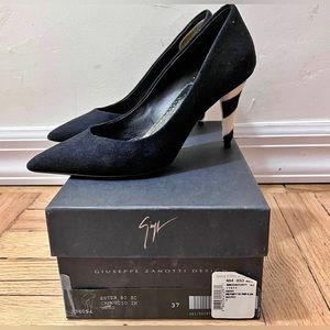 Rare Giuseppe Zanotti Black Suede Calf Hair with 3 inch heel Size 7 with box